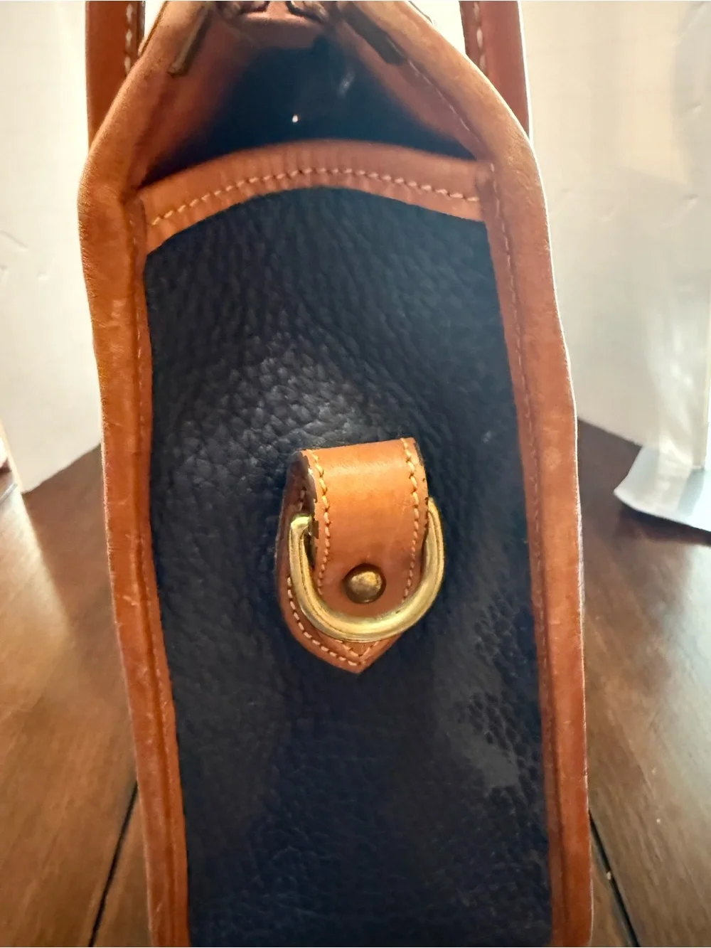 Vintage 90s Dooney & Bourke Navy All Weather Leather Satchel Bag British Tan